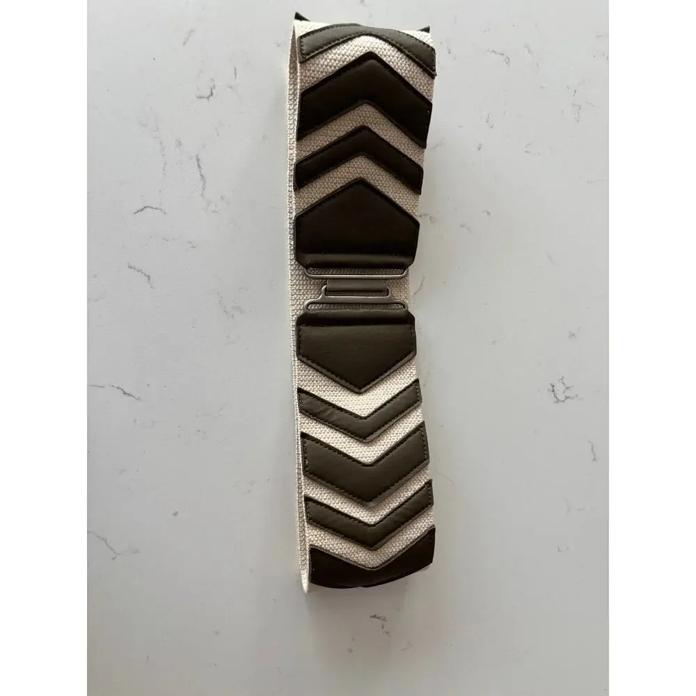 Chevron leather canvas elastic wide belt sz M cream dk green silver latch boho
